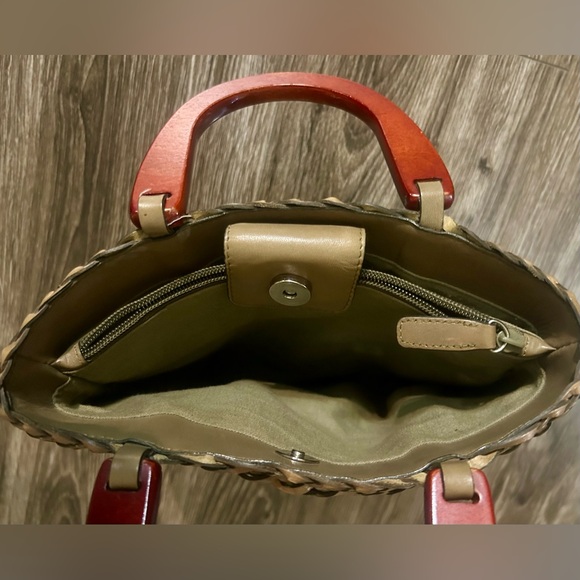 Fossil Vintage Brown Woven Leather Purse Hand Bag With Wooden Handle Bohemian - Picture 6 of 10